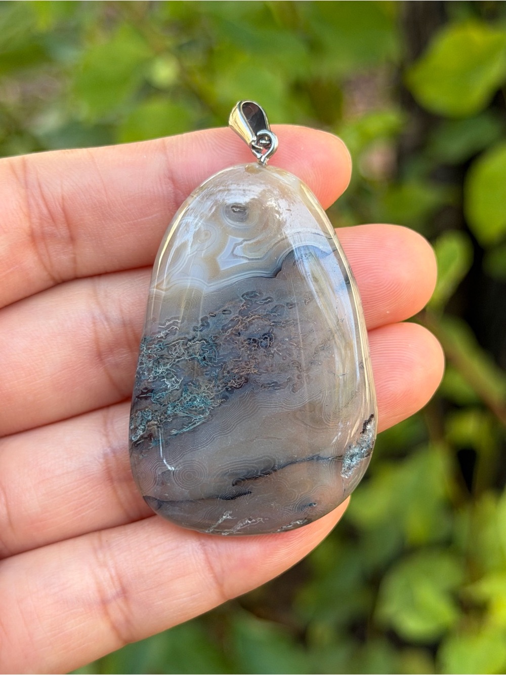 Stainless Steel Gray Natural Agate Pendant 2171